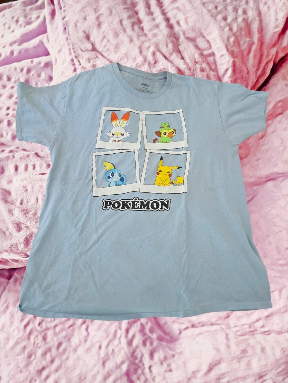 Pokemon Light Blue Short Sleeve Tee with Pikachu & Starters Window Graphic